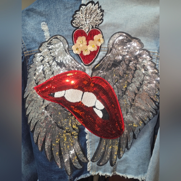 Embellished Denim Jean Jacket with Red and Blue Accents - Picture 3 of 4